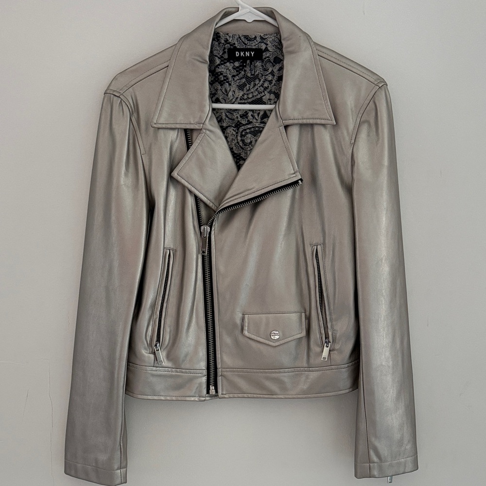 DKNY Metallic Leather like Moto Jacket